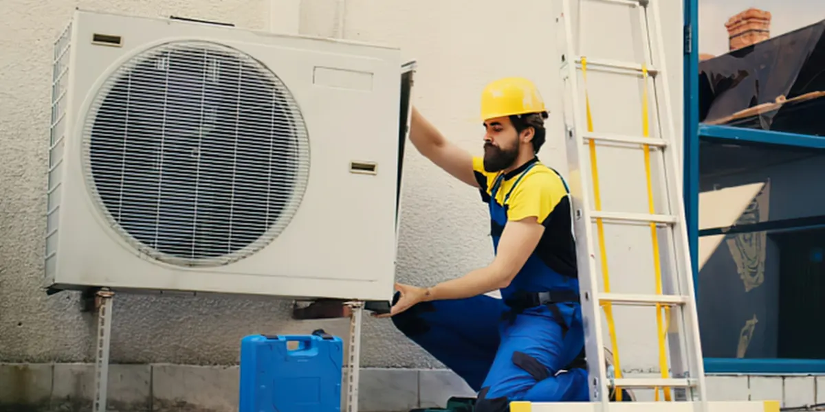 HVAC technician checking refrigerant gauges on an air conditioning system