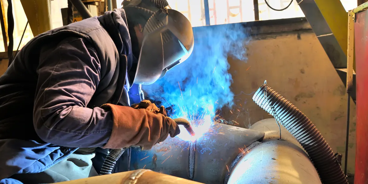Welding student practicing in a welding lab