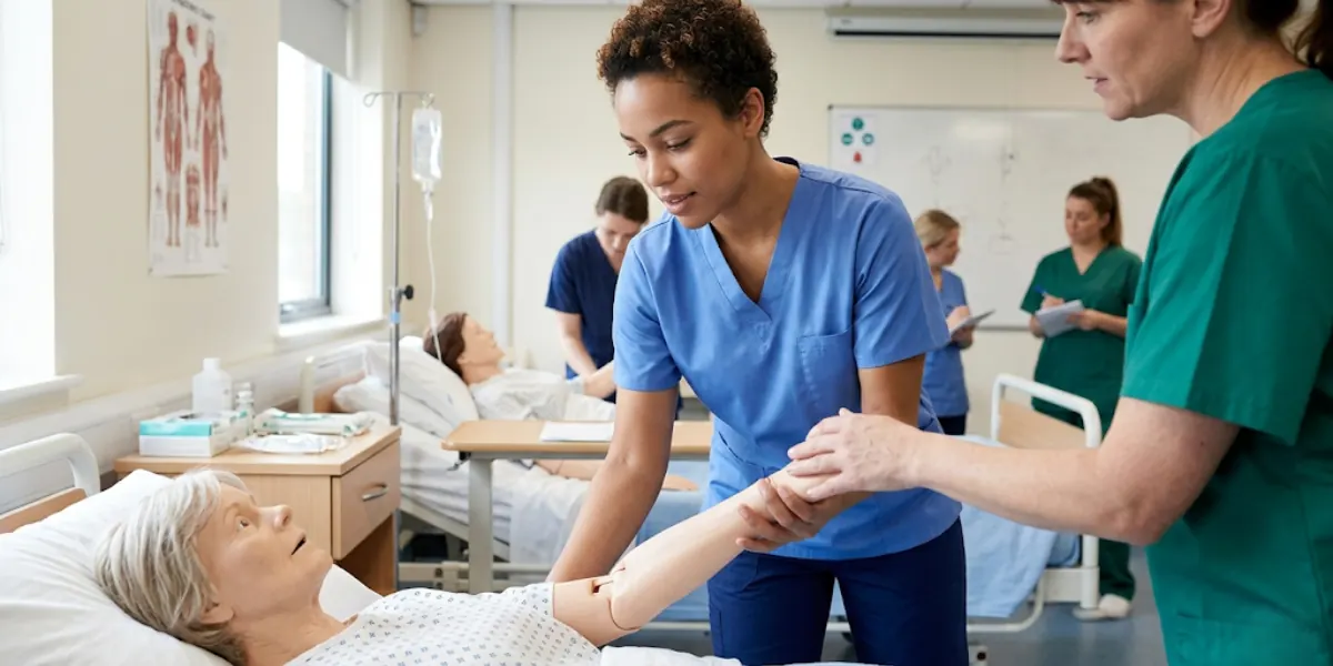 Nursing assistant student practicing patient care in a skills lab